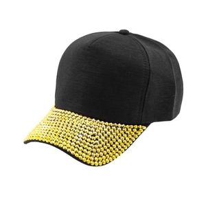 Gold rhinestone covered black baseball hat visor pony cap adjustable